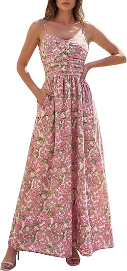 Women's Floral Maxi Dress Summer 2026 Spaghetti Strap Flowy Long Sundress Beach Vacation Boho Dresses